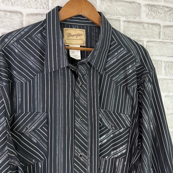 Wrangler Wester Black & Metallic Silver Long Sleeve Pearl Snap Shirt Mens 3XL - Picture 1 of 9